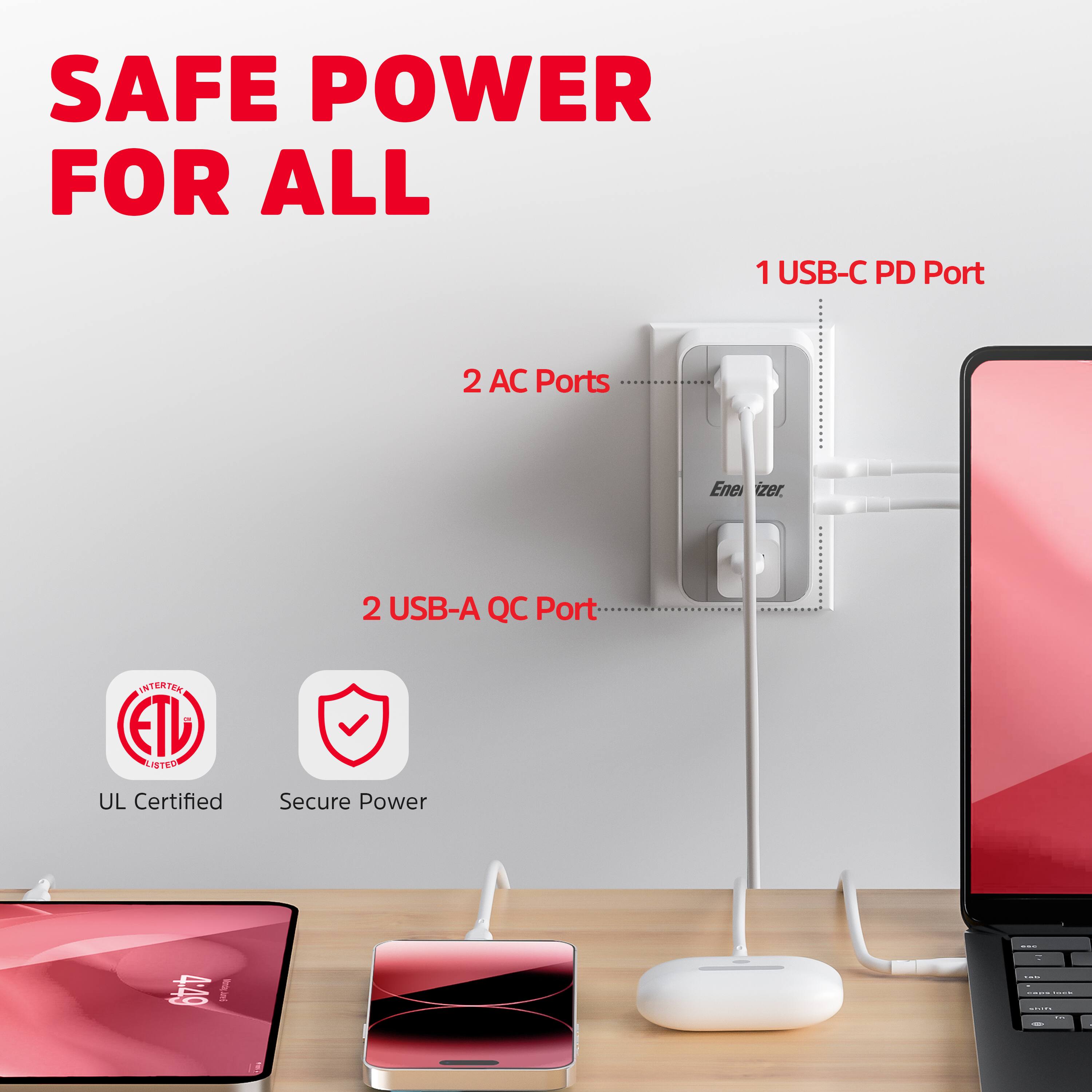 SAFE POWER FOR ALL

1 USB-C PD Port

2 AC Ports

2 USB-A QC Port

UL Certified

Secure Power
