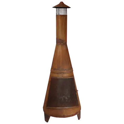 Front. Sunnydaze - 70 in Steel Wood Burning Chiminea Fire Pit with Rain Cap - Rustic - Dark Orange.