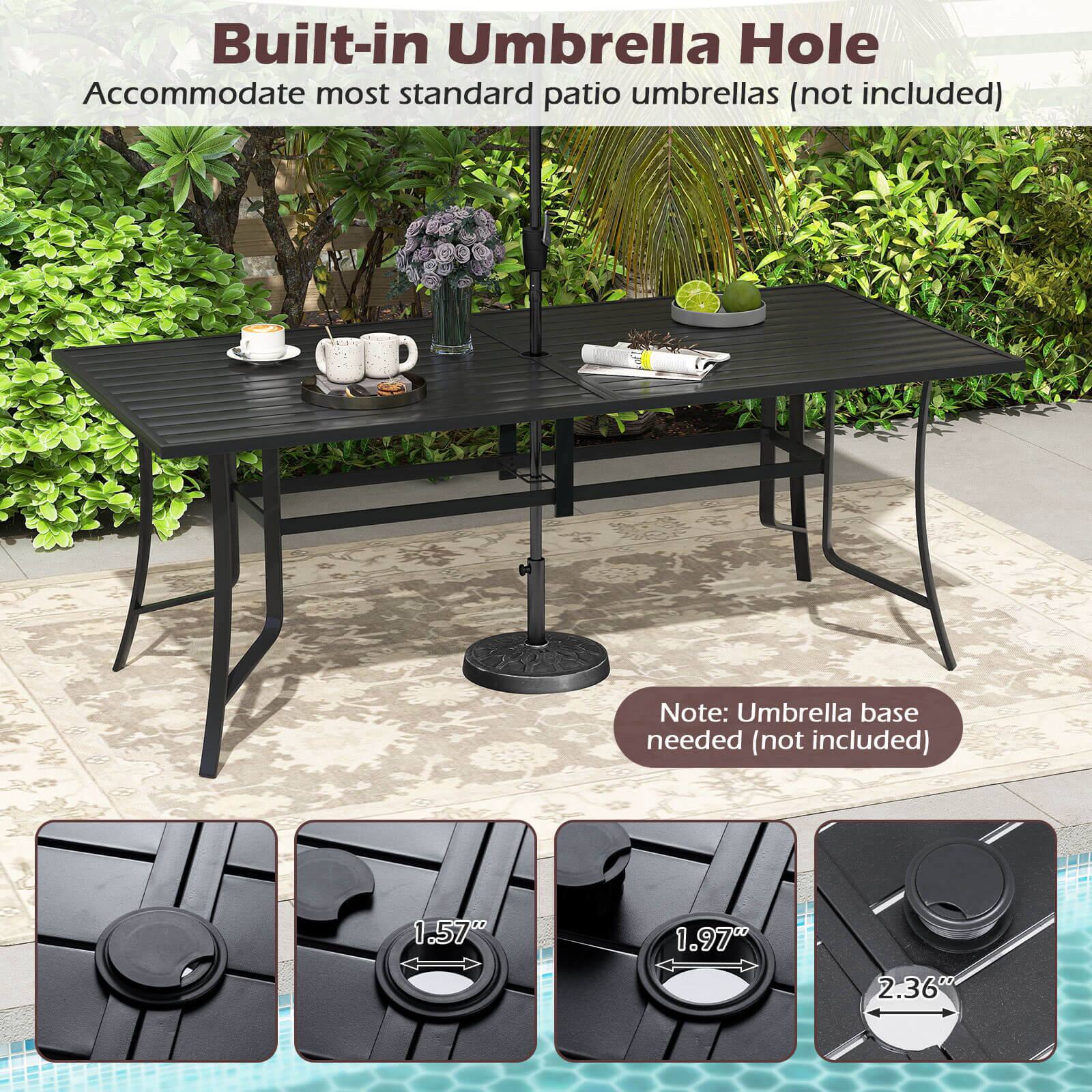 Built-in Umbrella Hole  
Accommodate most standard patio umbrellas (not included)  

Note: Umbrella base needed (not included)  

1.57"  
1.97"  
2.36"