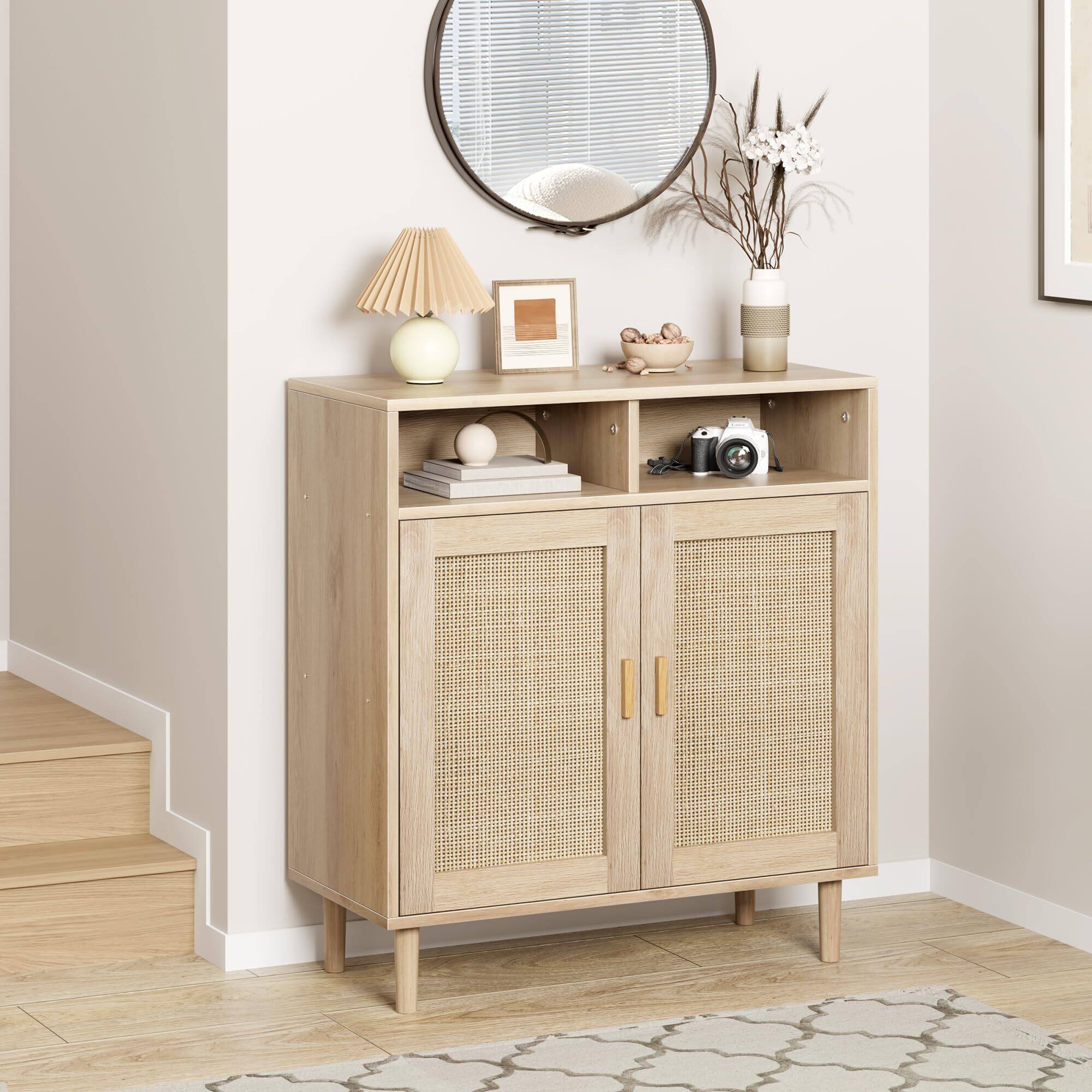 Jojoka - 36" Tall Rattan Buffet Cabinet with 2 Doors & Shelf, Wood Sideboard Cabinet for Entryway, Boho Coffee Cabinet - Natural