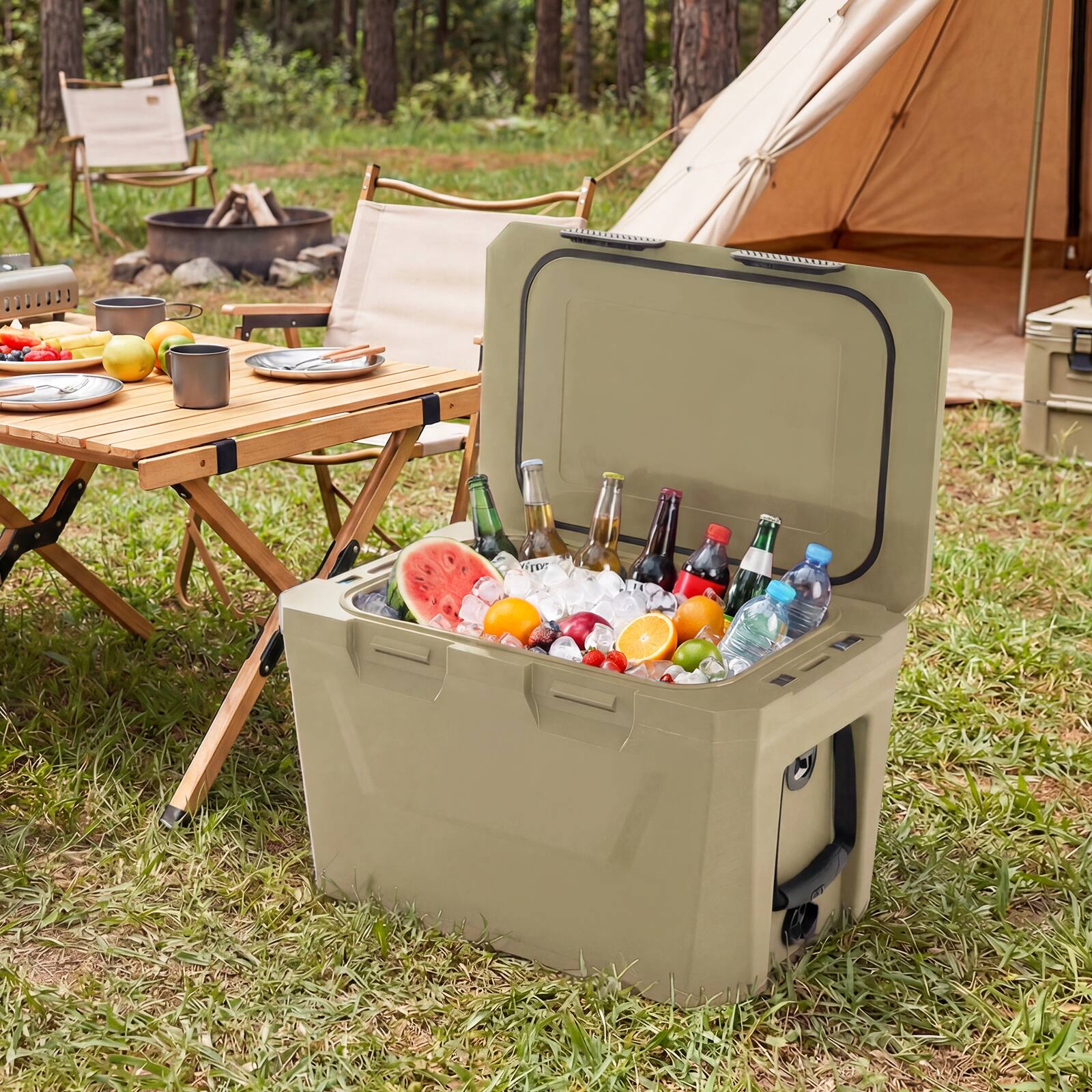 Alt View 1. Gymax - Gymax 37 QT Insulated Portable Cooler w/2 Cup Holders Bottle Opener & Drain Plug Tan - Multicolor.