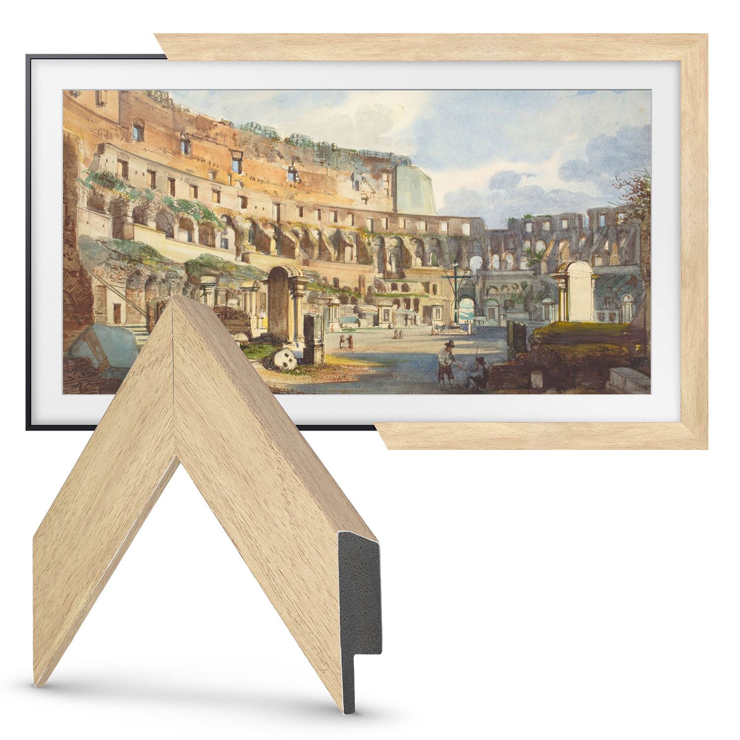 Left. Deco TV Frames - 75" Slim Bezel for Samsung The Frame and Frame Pro TV - Museum Maple.