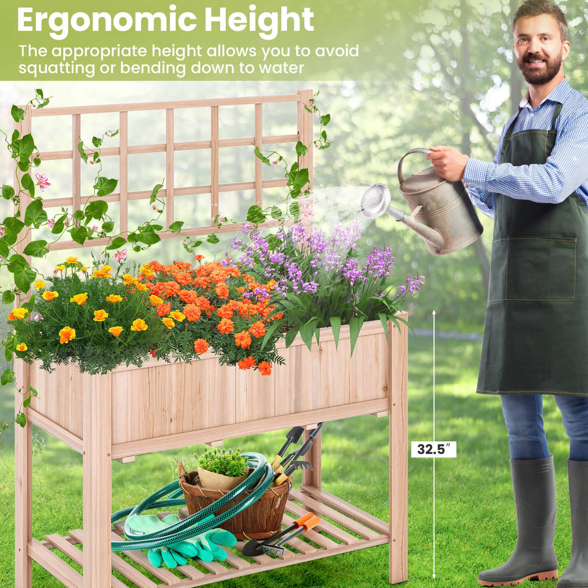Ergonomic Height: The appropriate height allows you to avoid squatting or bending down to water the plants, as shown by the man in the image.