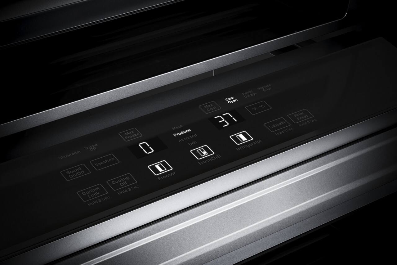 Max Cool
Sound Off
Showroom
Vacation
Sound On/Off
Control Lock
Hold 3 Sec
Cooling Off
Hold 3 Sec
Door Open
Power Outage
Replace Filter
Filter Reset
Hold 3 Sec
Sabbath
Hold 3 Sec
F-C
Filter
Space Filter
Meat
Produce
Assorted Deli
Refrigerator
Freezer
FreshChill