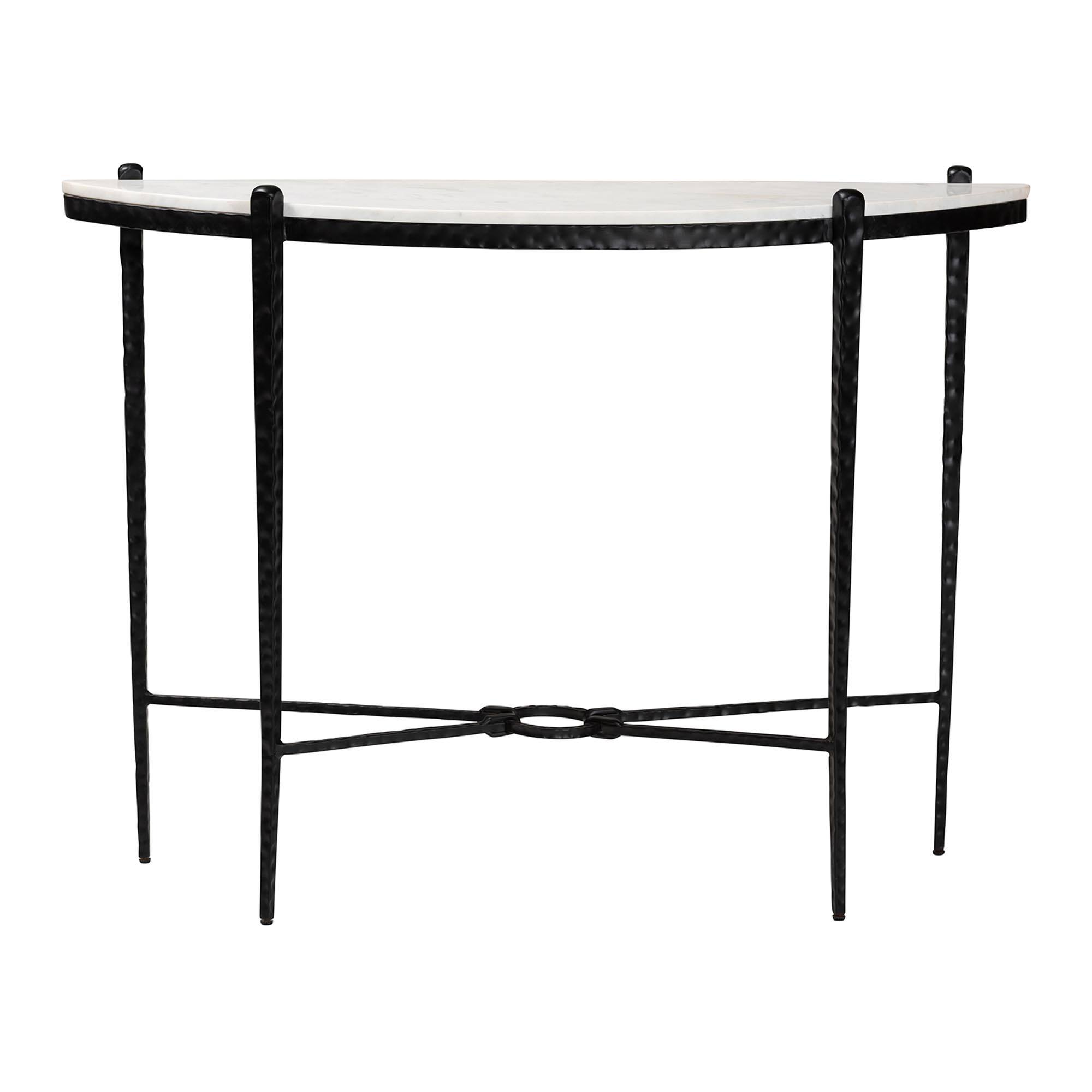 Angle. Baxton Studio - Caledon Marble Console Table - Modern Rustic Accent Table with Hand-Forged Metal Frame and Half-Moon Tabletop - Marble White/Black.