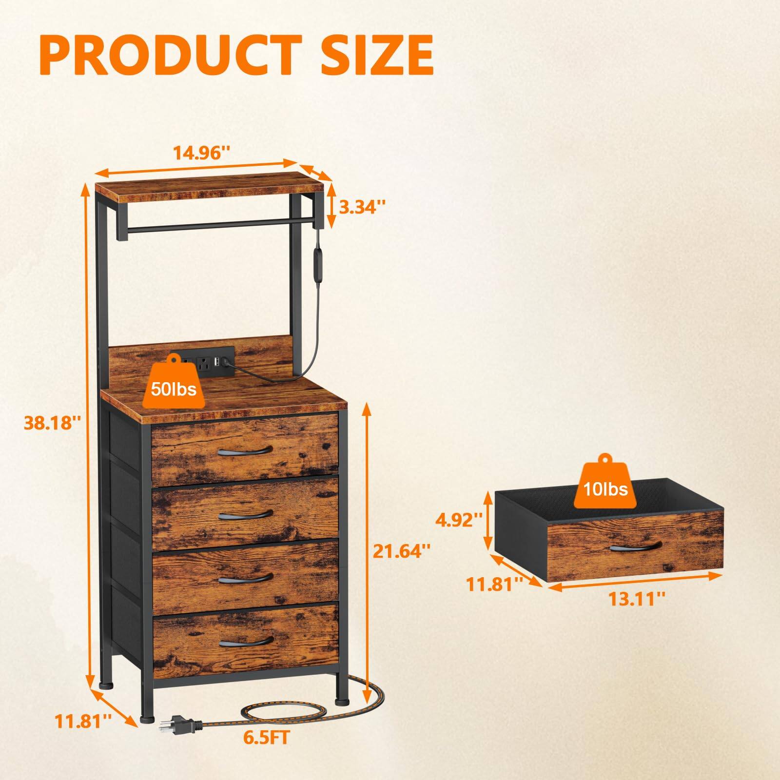 PRODUCT SIZE

- 14.96" (width)
- 3.34" (height)
- 38.18" (depth)
- 21.64" (height of drawers)
- 11.81" (depth of drawers)
- 11.81" (depth of top surface)
- 6.5FT (length of power cord)

- 50lbs (weight capacity)
- 10lbs (weight capacity of smaller drawer)