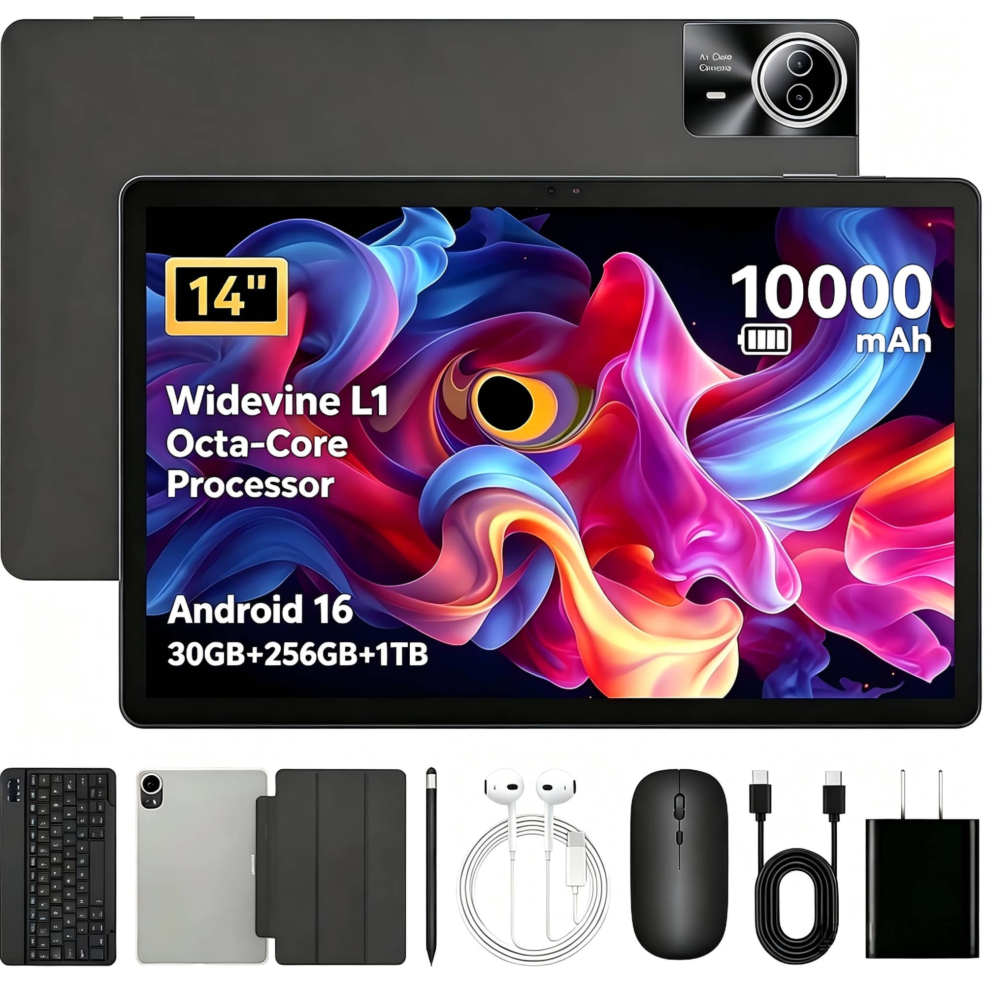 URAO - 14 inch Tablet Android 15 Tablet 30GB RAM&256GB ROM 10000mAh Battery Dual Camera - Black