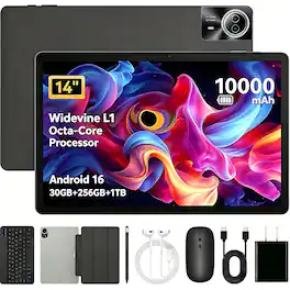 URAO - 14 inch Tablet Android 15 Tablet 30GB RAM&256GB ROM 10000mAh Battery Dual Camera - Black