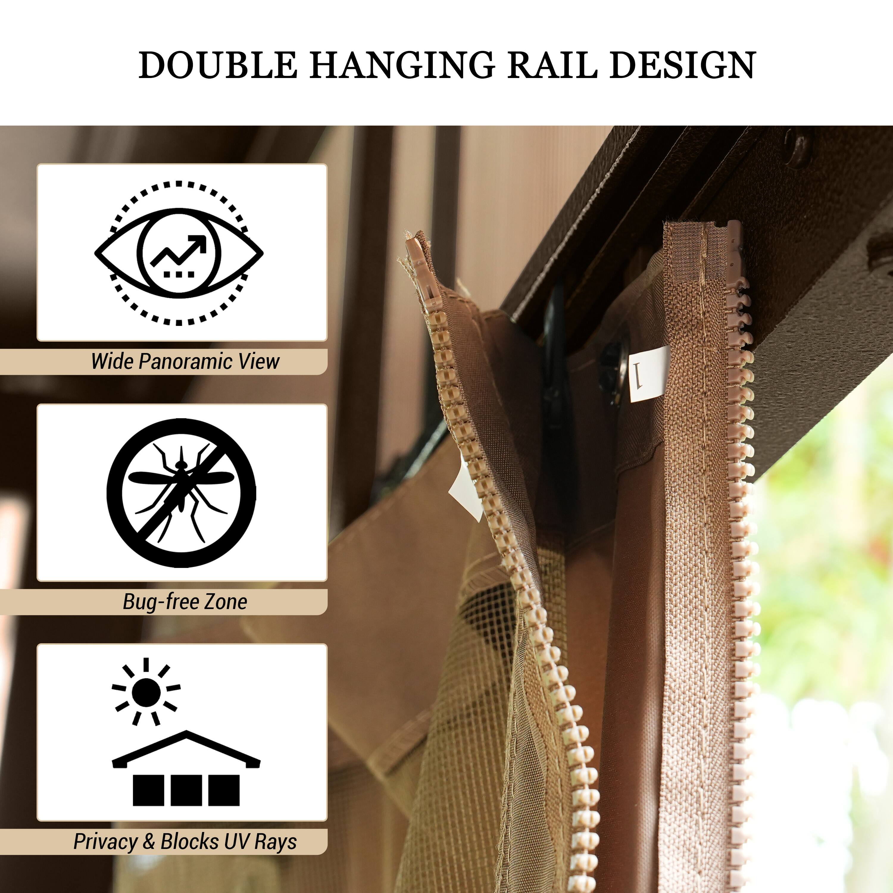 DOUBLE HANGING RAIL DESIGN

- Wide Panoramic View
- Bug-free Zone
- Privacy & Blocks UV Rays