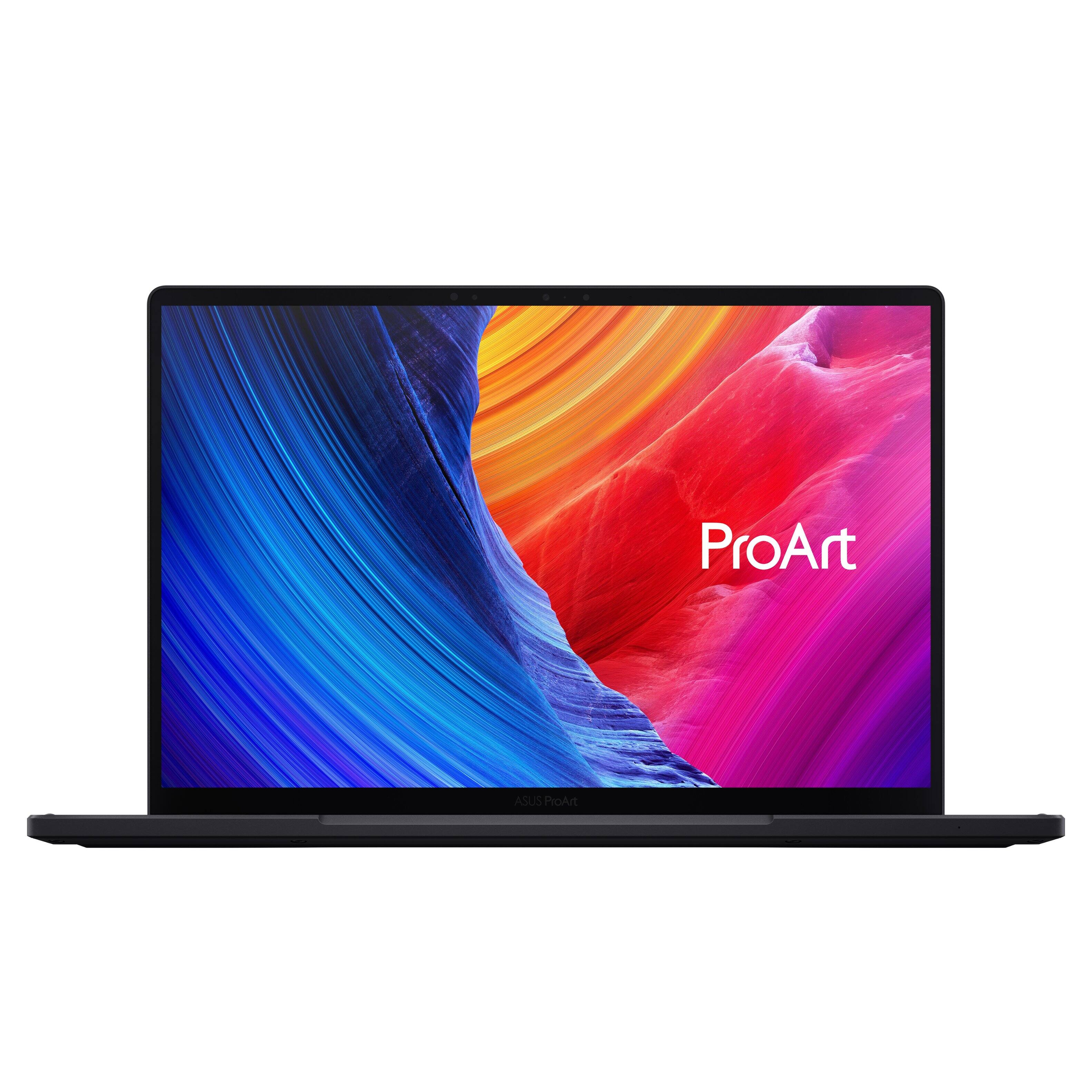 The image features a laptop with a colorful background, displaying the name "ProArt" on the screen. The laptop is black and has a vibrant, artistic design. The screen is turned on, showcasing the ProArt branding.