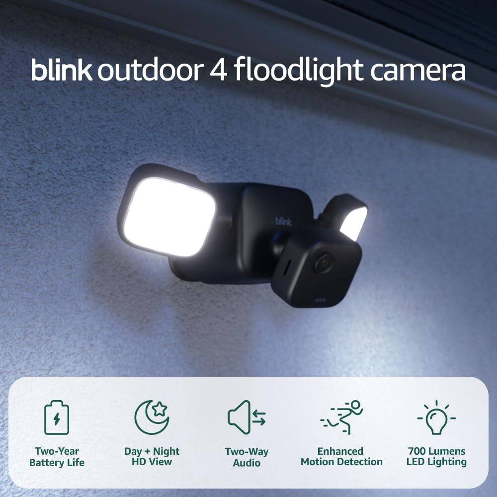blink outdoor 4 floodlight camera

- Two-Year Battery Life
- Day + Night HD View
- Two-Way Audio
- Enhanced Motion Detection
- 700 Lumens LED Lighting