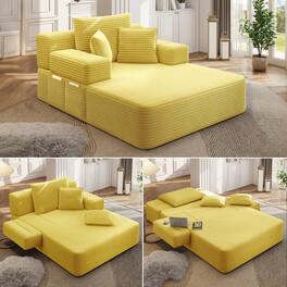 Anysun - Multi-Functional Frameless Convertible Plush Corduroy Chaise Lounge Sofa Bed with Storage Pockets, 3 Soft Pillows - Yellow