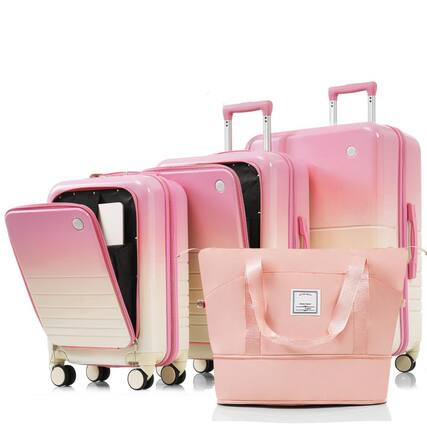 Front. BreeBe - 4-Piece ABS+PC Hardshell Luggage Set, 20/24" Front Opening Carry-On Suitcases with USB Port, Cup Holder & Expandable Bag - Pink.