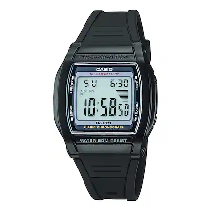ILLUMINATOR
CASIO
10 YEAR BATTERY
ADJUST
50
6:30
LIGHT
ALM SIG
P
10:58:50
12/24H
W-201
ALARM CHRONOGRAPH
WATER 50M RESIST