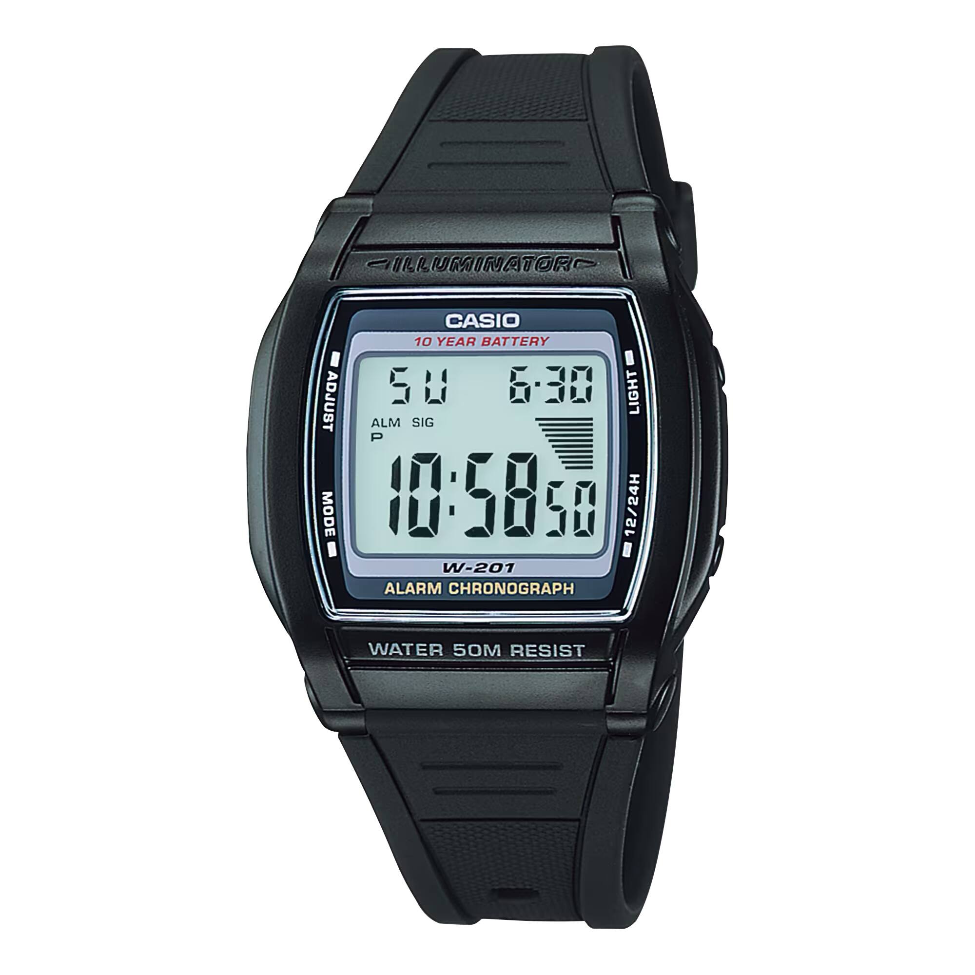 ILLUMINATOR  
CASIO  
10 YEAR BATTERY  
ADJUST  
50  
6:30  
LIGHT  
ALM SIG  
P  
10:58:50  
12/24H  
W-201  
ALARM CHRONOGRAPH  
WATER 50M RESIST
