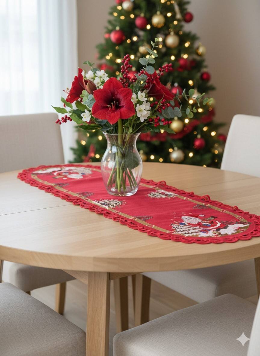 Left. Jiallo - Santa Red Embroidered Cutwork Rectangular Table Runner, 15 by 34 inch Table Linen - Red.