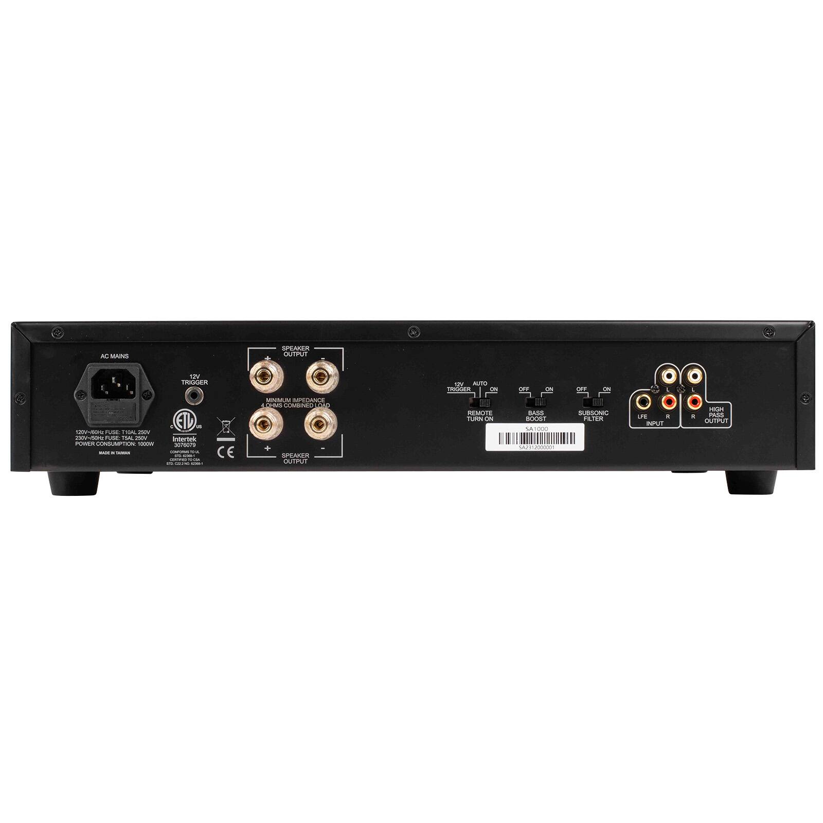AC MAINS  
SPEAKER OUTPUT  
12V RIGGER  
27 AUTO TRIGGER ON  
OFF  
ON  
OFF  
ON  
120-00-5 FLOS TEAL 250V 2001-50mb LESE: 15AL 250V POWER CONSUMPTION: 1000W MADE BANAN  
15 Intertek 3076079 9% COMPANY - WTA  AMINA  
MINIMUM IMPEDANCE 4 OHMS COMBINED LOAD SPEAKER OUTPUT  
REMOTE TURN ON  
BASS BOOST SA1000 1000005/E5A2  
SUBSONIC FILTER  
UE 1 INPUT  
HIGH PASS OUTPUT