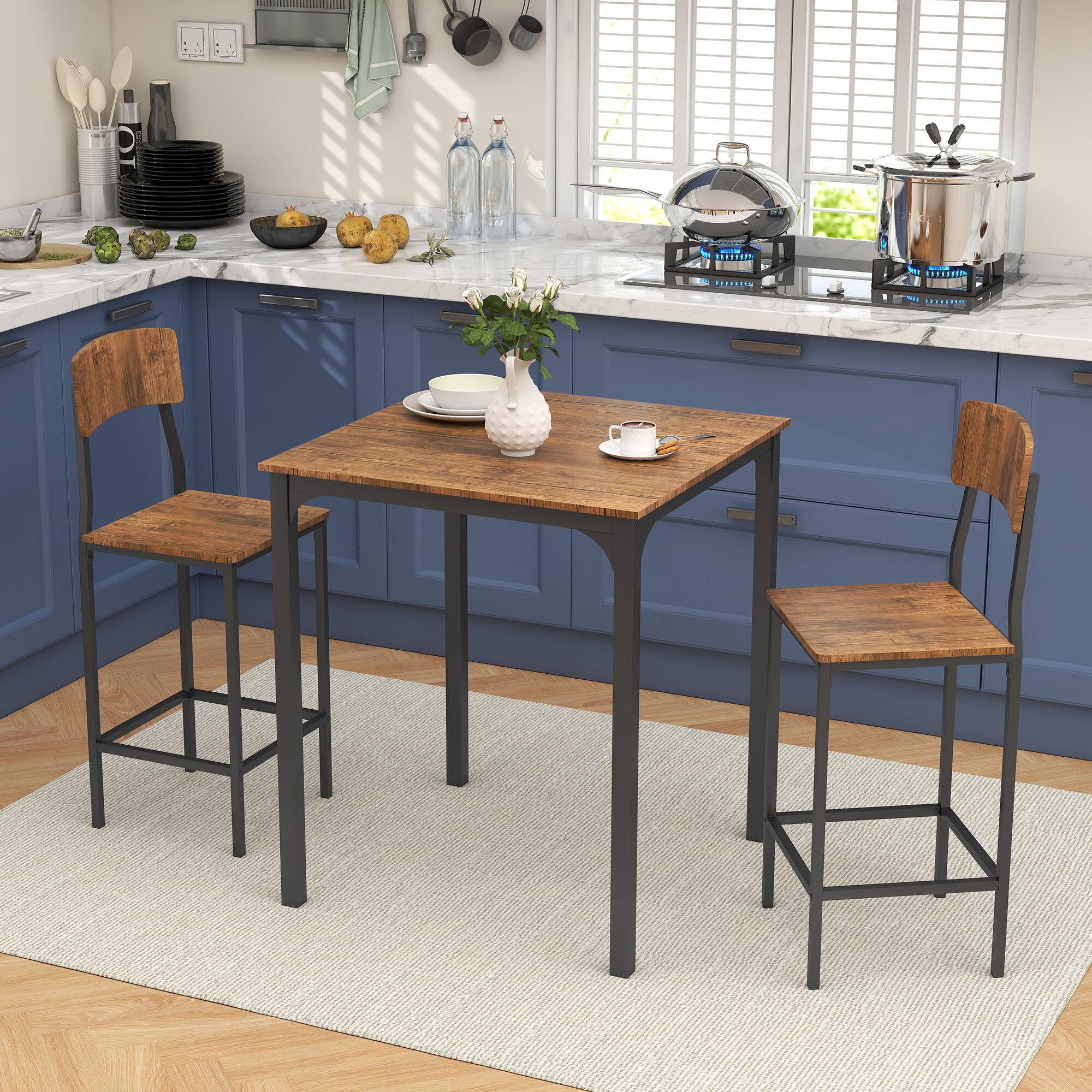 Alt View 1. Homcom - Piece Pub Table and Chairs, Small Kitchen Table and Chairs, Square Dining Table with 2 Stools - Walnut and Black.