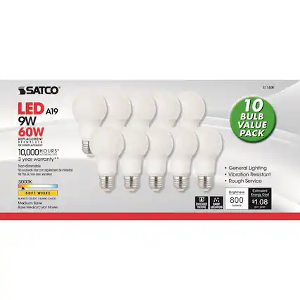 SATCO LED A19 9W 60W REPLACEMENT
10,000 HOURS
3 year warranty
Non-dimmable
3000K
SOFT WHITE
Medium Base
General Lighting
Vibration Resistant
Rough Service
10 BULB VALUE PACK
Estimated Brightness: 800
Estimated Energy Cost: $1.08 per year
ENCLOSED DAMP LOCATION