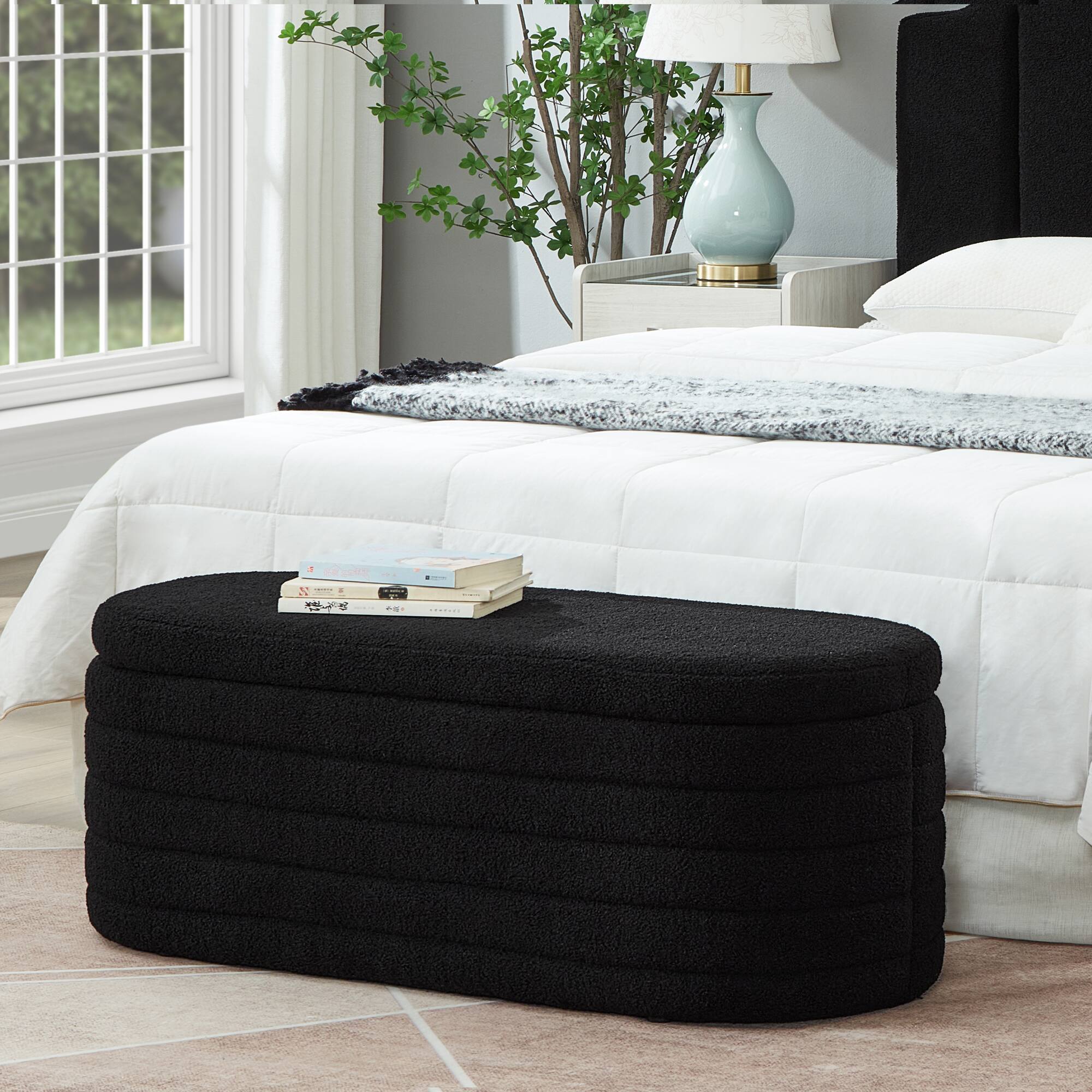 TinyHomie - Modern Oval Storage Ottoman Bench Boucle Teddy Fabric - Black