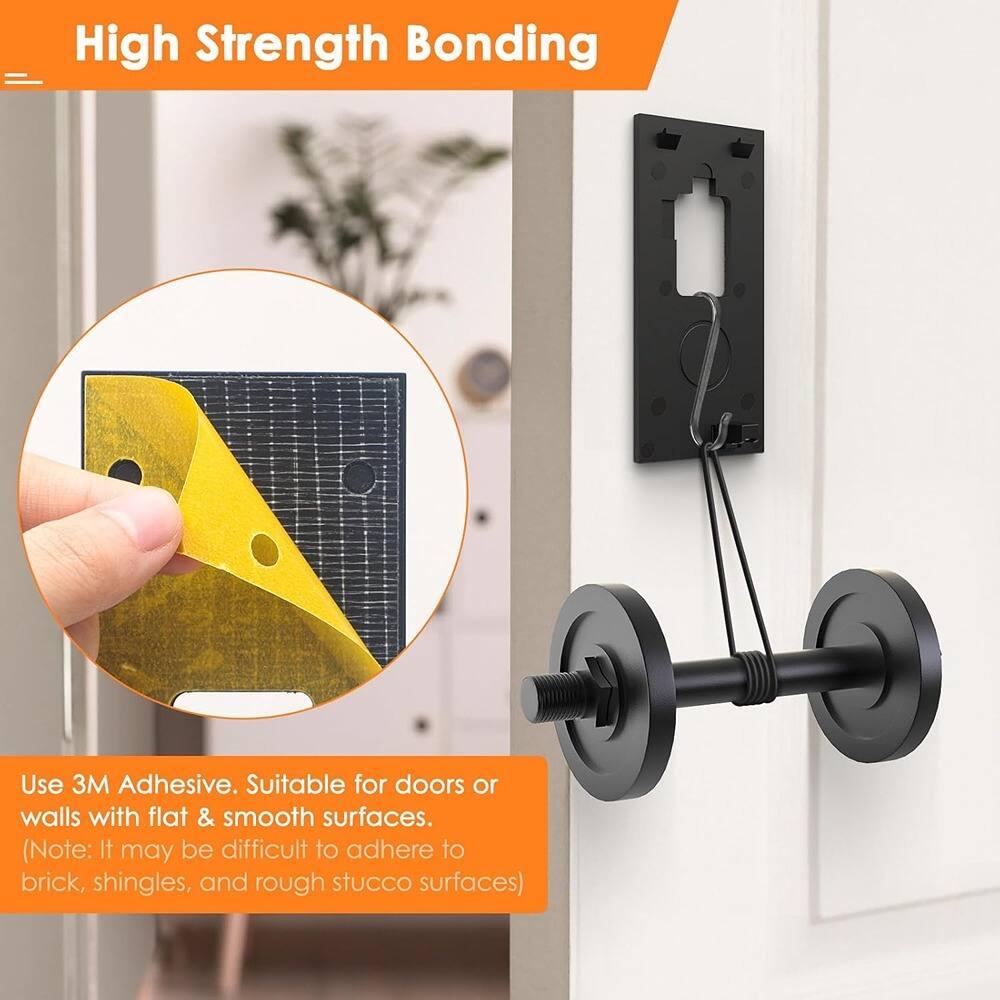 High Strength Bonding

Use 3M Adhesive. Suitable for doors or walls with flat & smooth surfaces.
(Note: It may be difficult to adhere to brick, shingles, and rough stucco surfaces)