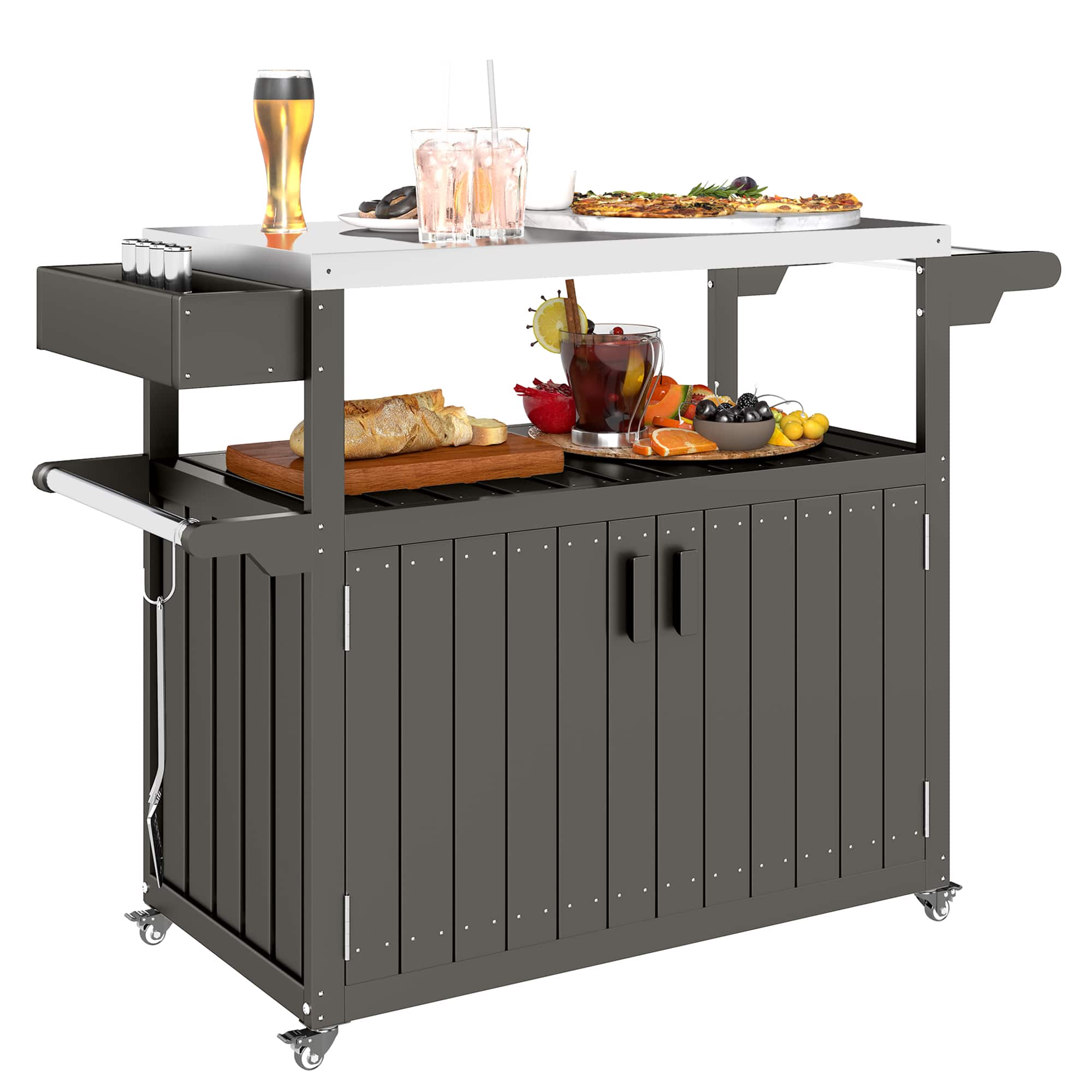 Outsunny - Bar Cart with Storage, Stainless Steel Outdoor Bar Table Top - Dark Gray