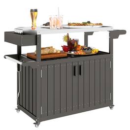 Outsunny - Outdoor Bar Cart with Storage Cabinet, Stainless Steel Top Kitchen Island on Wheels, HDPE Outdoor Bar Table - Dark Gray