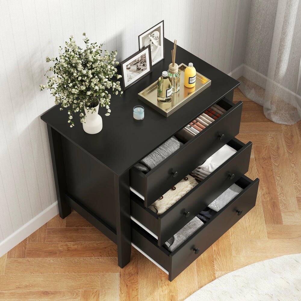 Back. Kadyn - 3-Drawer Dresser Chest - Versatile Bedside Table with Functional Storage, Sleek Black Wood Grain Design - Black.