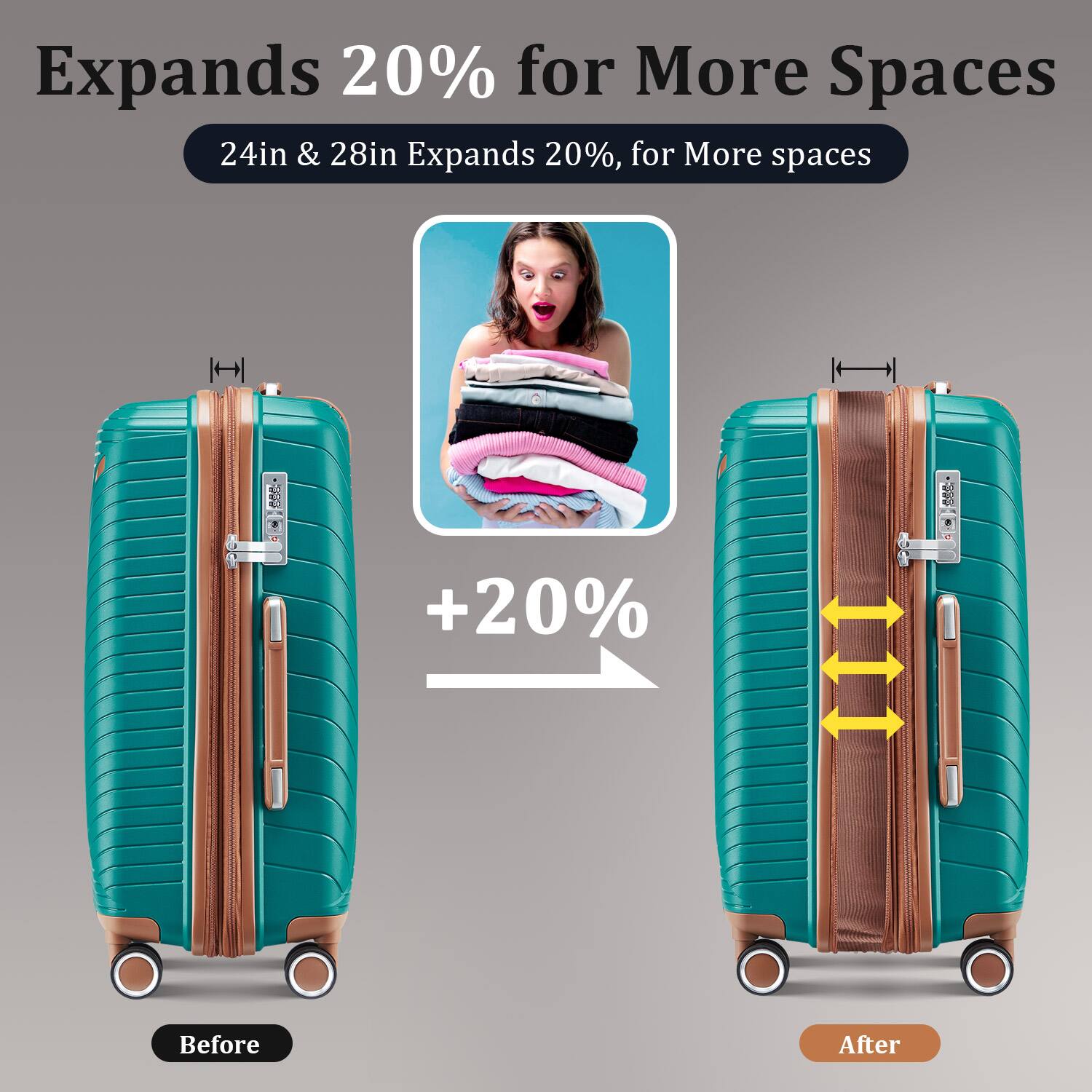 Expands 20% for More Spaces  
24in & 28in Expands 20%, for More spaces  

+20%  

Before  

After