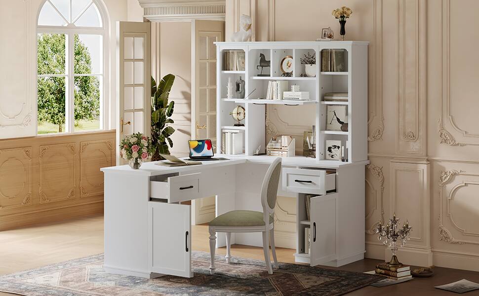 Alt View 10. Tiramisubest - L-Shaped Computer Desk with 2 Cabinets and 2 Drawers,11 Open Shelves with Outlet,for Study,Living Room and Office,White - White.