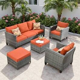 Ovios - 5 PCS Patio Furniture Set, Outdoor Wicker Sofa with Ottomans for Garden Porch Backyard - Orange Red