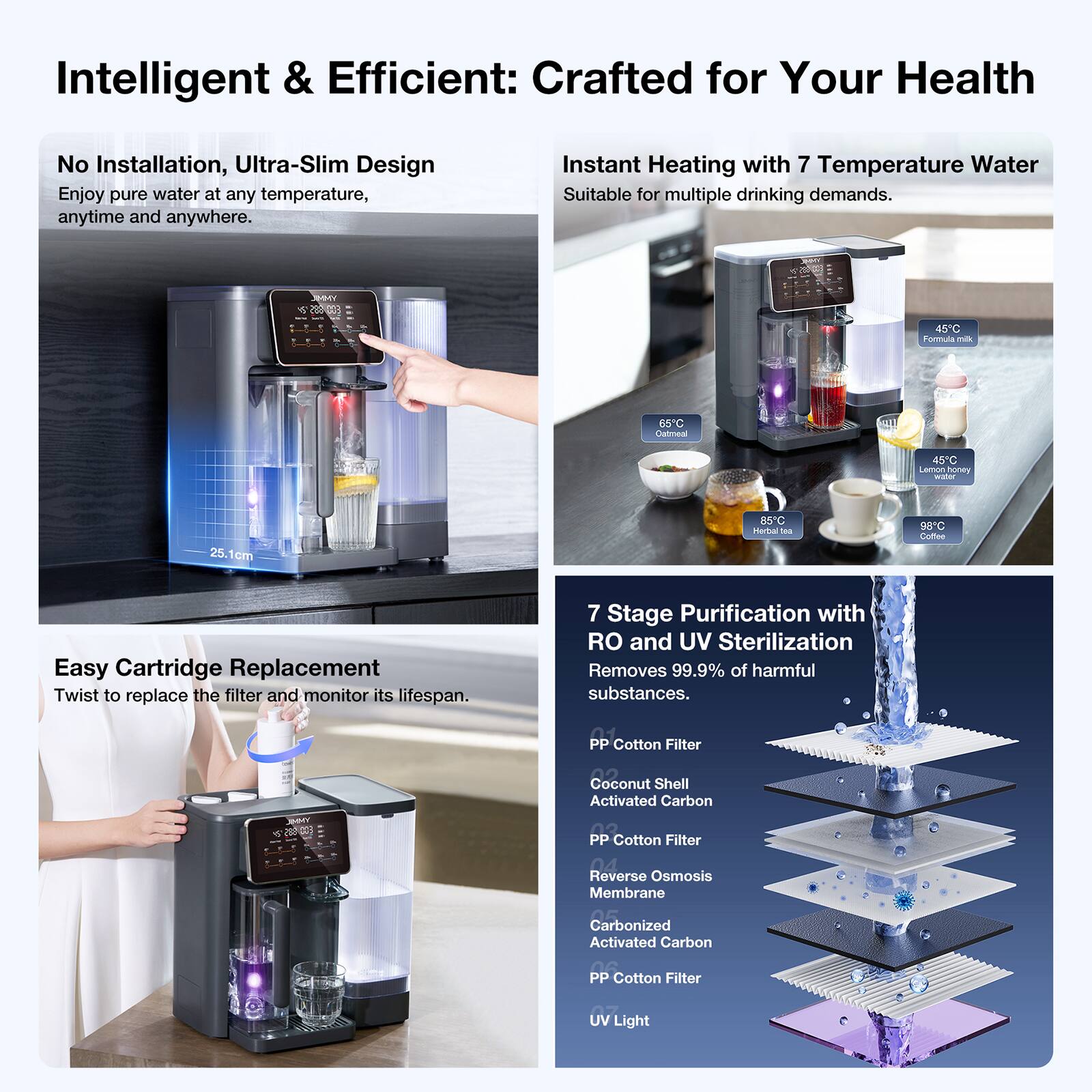 Intelligent & Efficient: Crafted for Your Health

No Installation, Ultra-Slim Design  
Enjoy pure water at any temperature, anytime and anywhere.

Instant Heating with 7 Temperature Water  
Suitable for multiple drinking demands.

Easy Cartridge Replacement  
Twist to replace the filter and monitor its lifespan.

7 Stage Purification with RO and UV Sterilization  
Removes 99.9% of harmful substances.

- PP Cotton Filter
- Coconut Shell Activated Carbon
- PP Cotton Filter
- Reverse Osmosis Membrane
- Carbonized Activated Carbon
- PP Cotton Filter
- UV Light