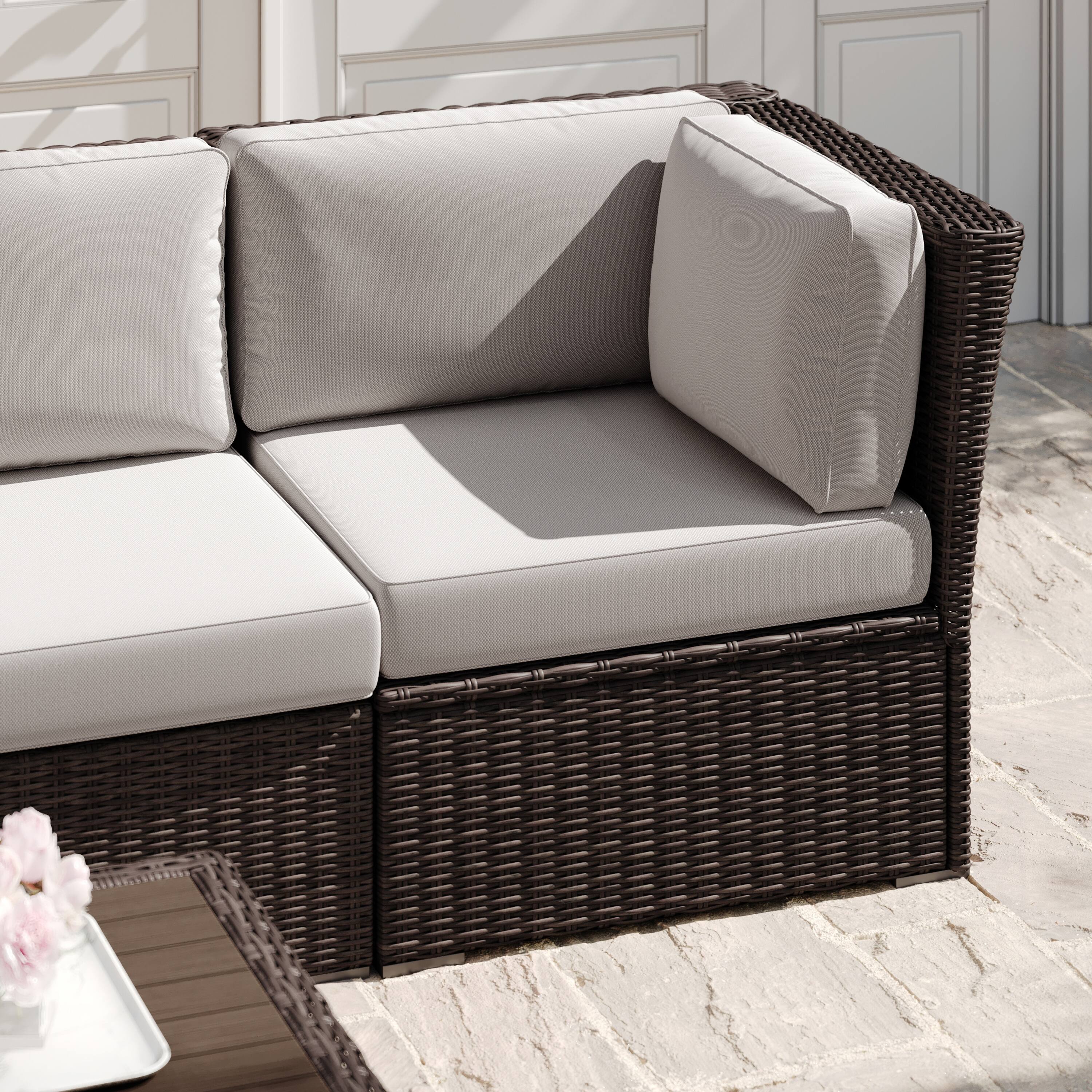 Alt View 4. Martha Stewart - Bedford Outdoor Modular Rattan Wicker Patio Sectional Sofa Corner Seat - Tan Cushions/Brown Frame.