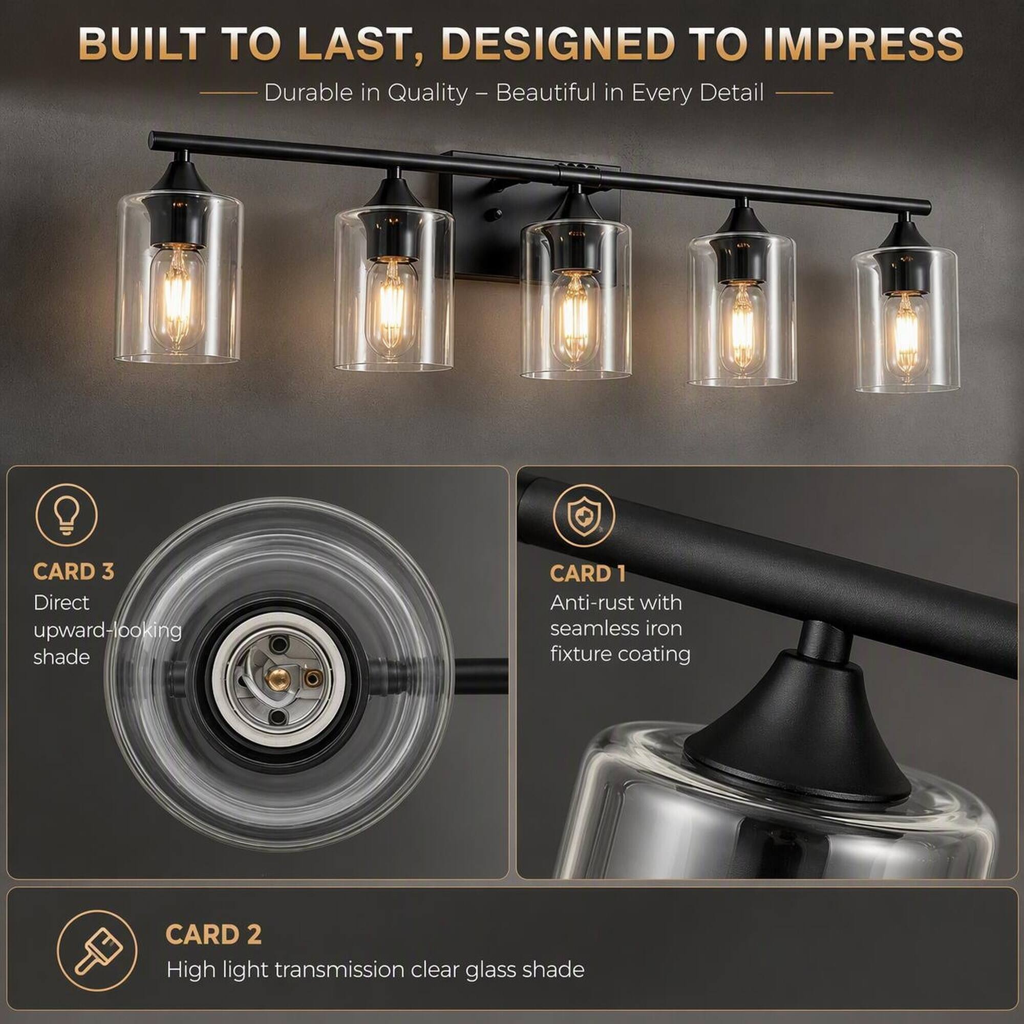 RYHNUYNE 5 Light Matte Black Vanity Light for Wide Bathroom Mirrors ...