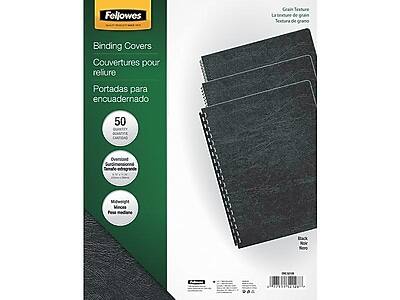 Fellowes  
Binding Covers  
Couvercles pour reliure  
Portadas para encuadernado  

50  

Grain Texture  
La texture de grain  
Texture de grano  

Overlapped  
Surdimensionné  
Surtamponné  

Midweight  
Médium  
Peso medio  

Black  
Noir  
Negro
