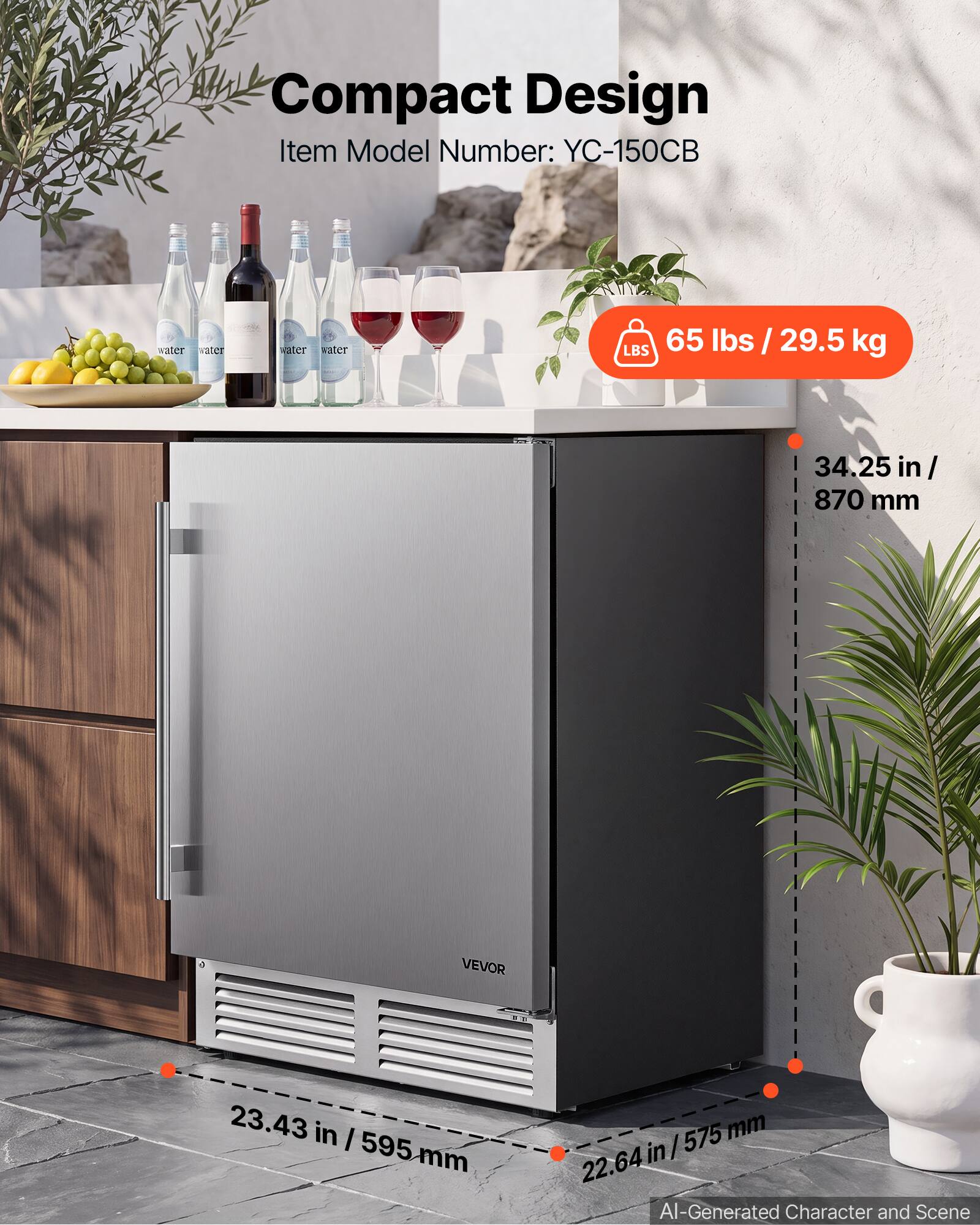 Compact Design  
Item Model Number: YC-150CB  

65 lbs / 29.5 kg  

34.25 in / 870 mm  

23.43 in / 595 mm  

22.64 in / 575 mm  

VEVOR