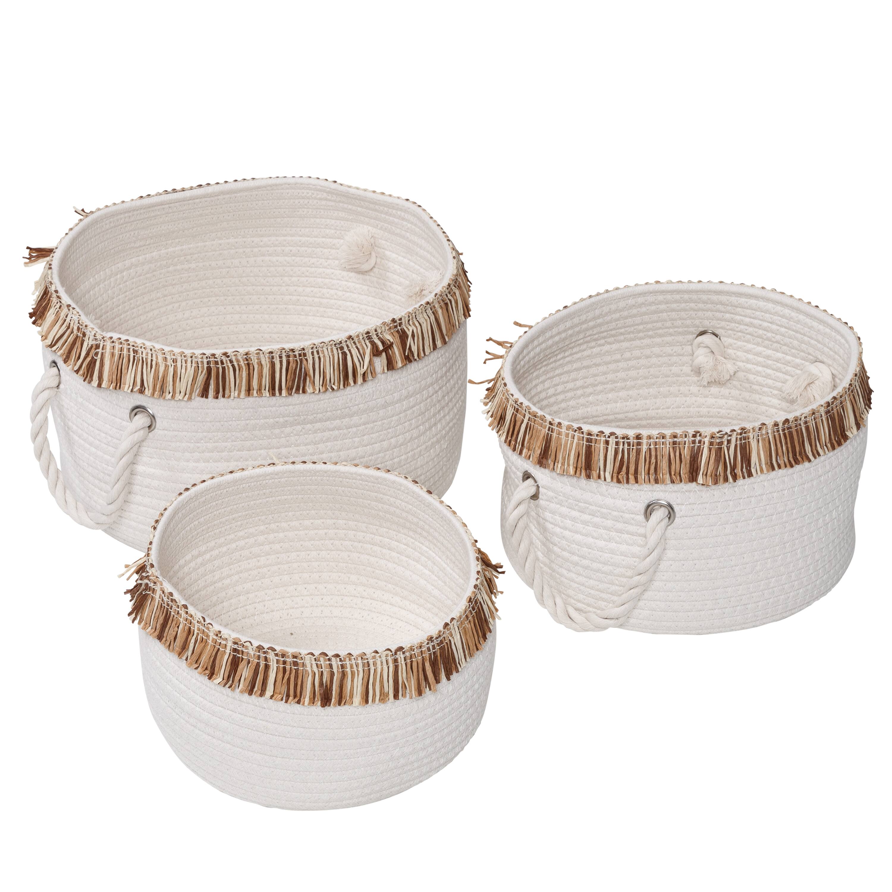 Front Zoom. Honey-Can-Do - Set of 3 Nesting Cotton Rope Baskets with Fringe - White.