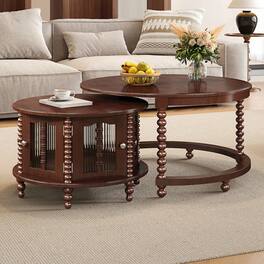 GOODSILO - Vintage Round Nesting Coffee Table with Bamboo-Shaped Glass Doors and Retro Beaded Legs - Walnut