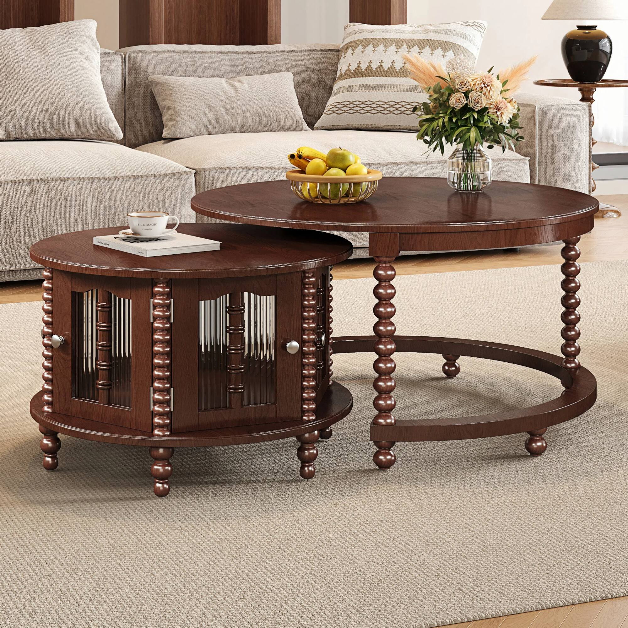 Front. GOODSILO - Vintage Round Nesting Coffee Table with Bamboo-Shaped Glass Doors and Retro Beaded Legs - Walnut.