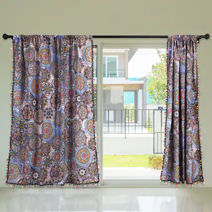 Front. Oumilen - 2-Pack Boho Mandala Sheer Curtains, Colorful Tassel Trim Light Filtering Window Curtains Rod Pocket 60x102 Inch - Multicolor.