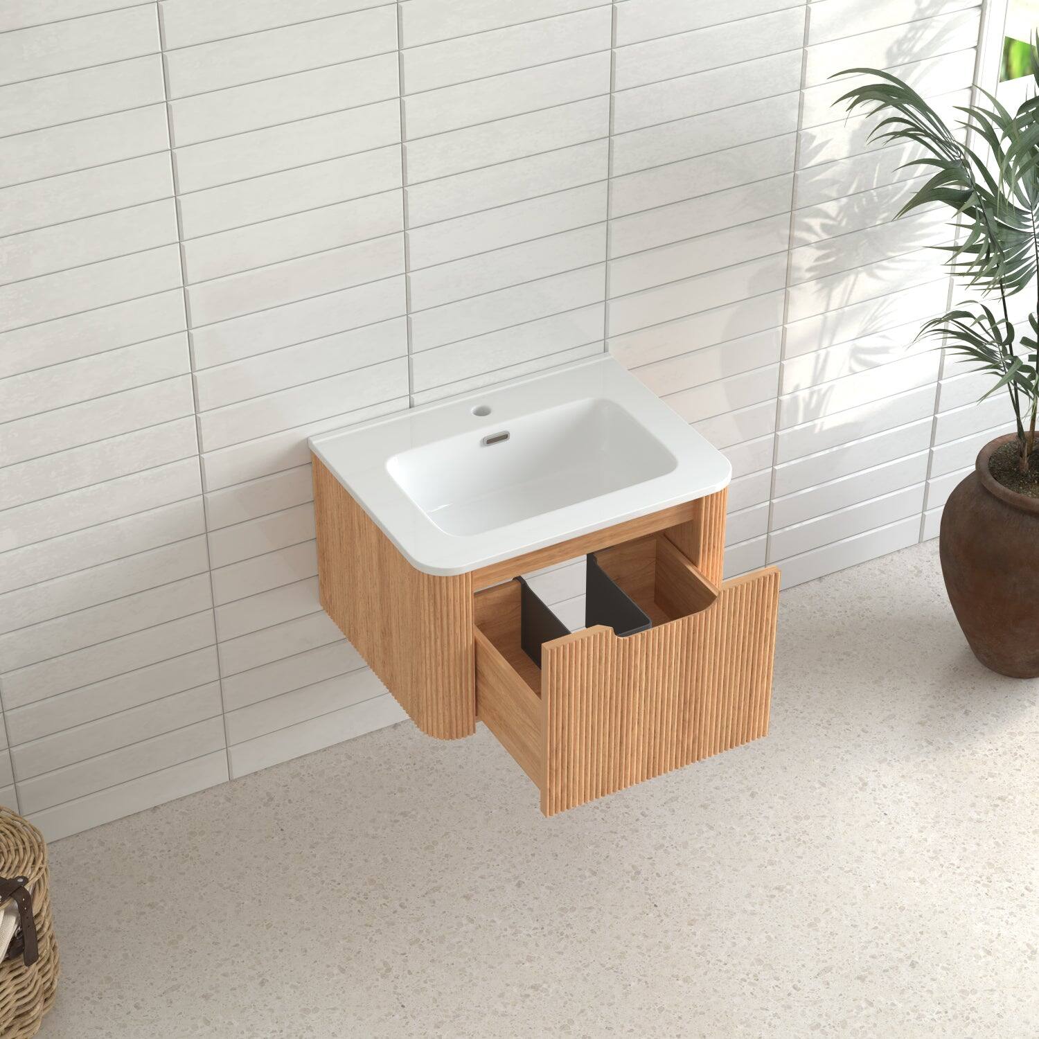 Alt View 10. Boyel Living - 24 in Wall-Mounted Bathroom Vanity Pre-Assembled Cabinet in Natural Walnut with Ceramic Basin Soft-Close Drawer - Natural Walnut.