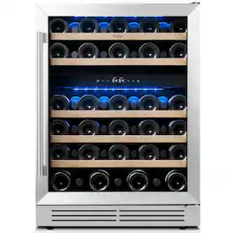 Yeego - 24inch Wine Fridge,Dual-zone Wine Refrigerator Cooler 52-Bottle 40-65°F Glass Door, Built in, for Home Bar Office - Stainless Steel