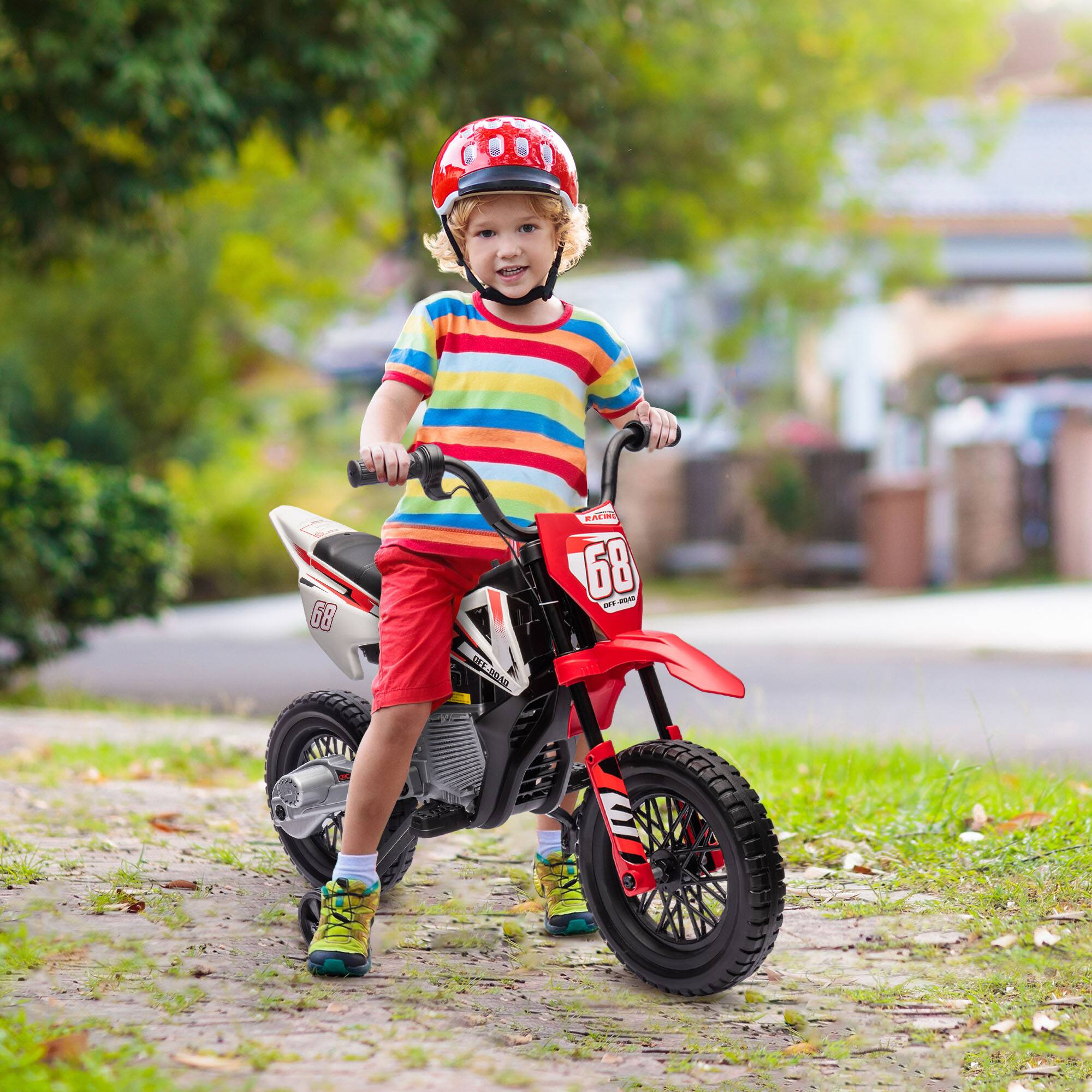Alt View 1. Ecooso - 12V Kids Electric Dirt Bike with Twist Throttle, Training Wheels, Suspension, and Music for Ages 3–6 - Red.
