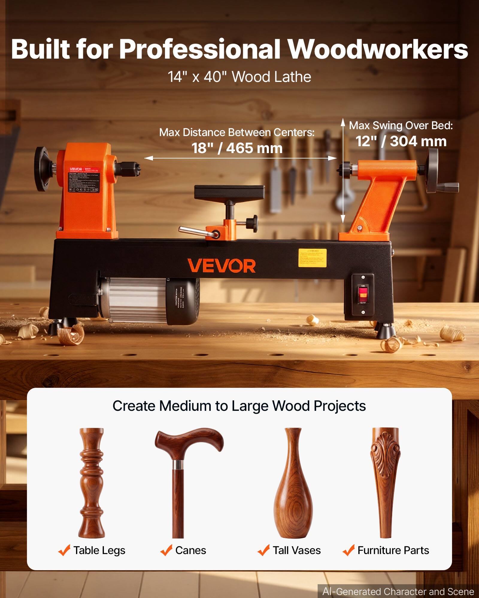Built for Professional Woodworkers  
14" x 40" Wood Lathe  
Max Distance Between Centers: 18" / 465 mm  
Max Swing Over Bed: 12" / 304 mm  

Create Medium to Large Wood Projects  
- Table Legs  
- Canes  
- Tall Vases  
- Furniture Parts  

VEVOR  

AI-Generated Character and Scene