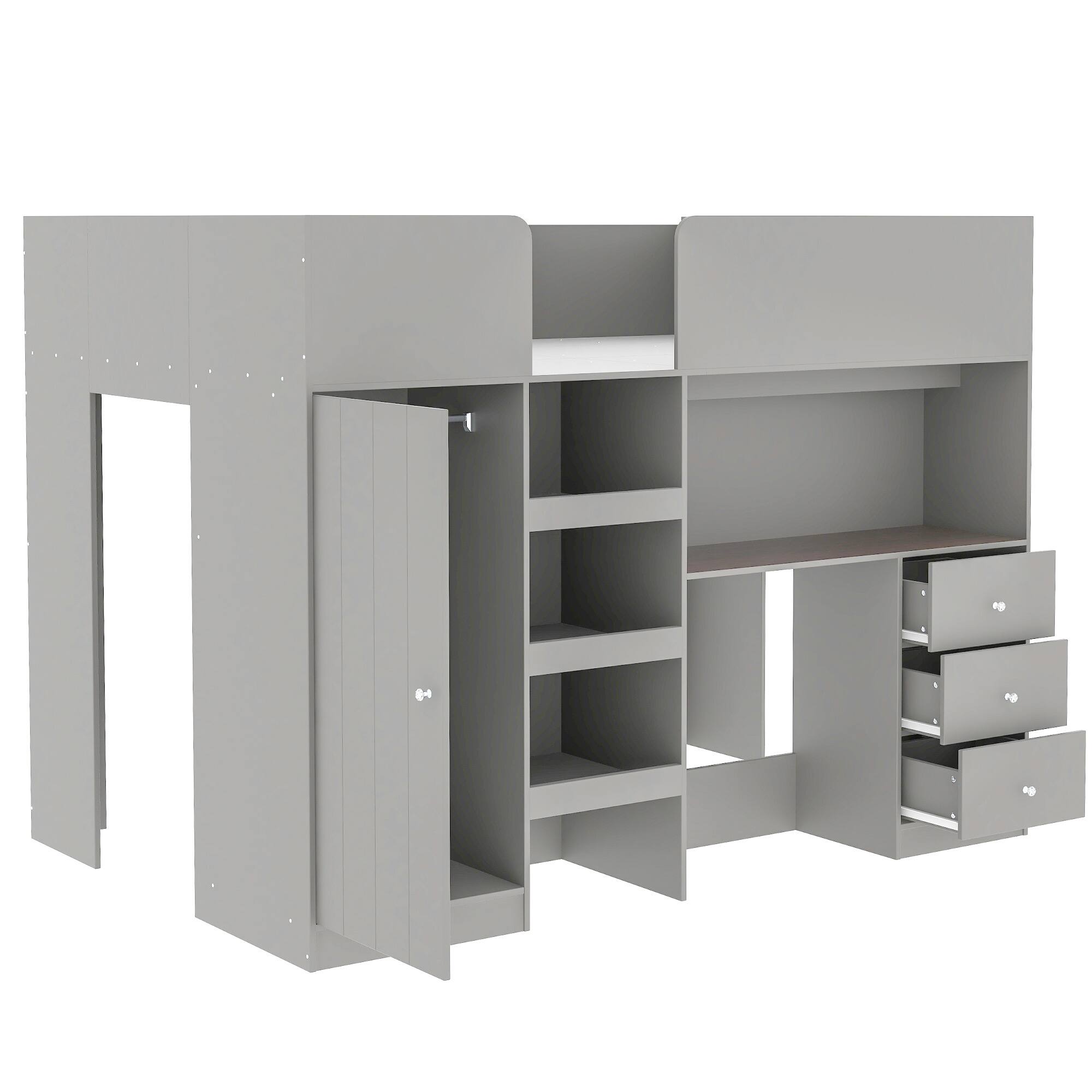Back. Whisen - Full Size Loft Bed with Desk, Wardrobe, Storage Shelves, Drawers and Full-Length Guardrails for Bedroom - Gray.