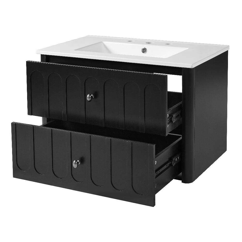 Alt View 8. Loheer - Loheer 30 inch floating bathroom vanity Black with Ceramic Sink - Black.
