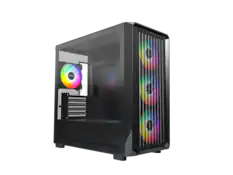 Front. Montech - MONTECH X5M - Micro ATX Gaming Case, 4x120mm ARGB Fans, Glass Side, Carbon Accents, Black - Black.