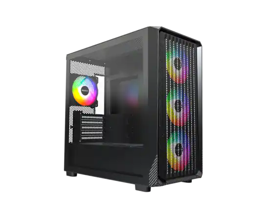 Front. Montech - MONTECH X5M - Micro ATX Gaming Case, 4x120mm ARGB Fans, Glass Side, Carbon Accents, Black - Black.
