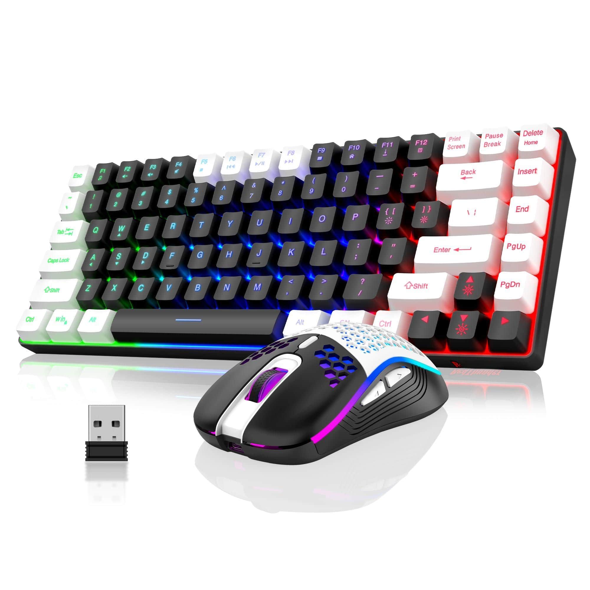 Comfort Essence - K84 Wireless And Mouse Combo Rainbow Backlit Rechargeable 75% Layout Tkl Ultra Compact Gaming - Wireless - Black - White