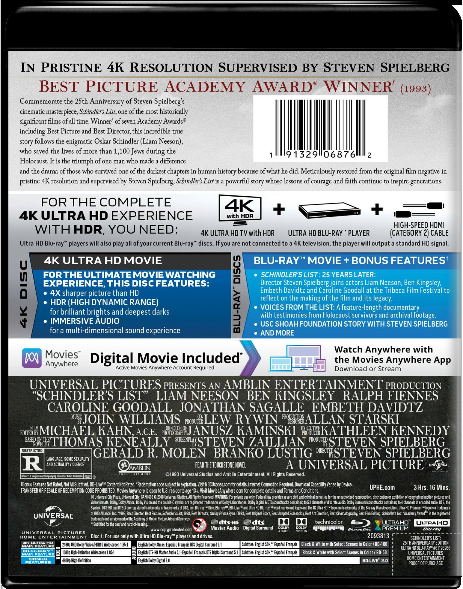 Angle. Schindler's List (25th Anniversary Edition)   - 4K Blu-Ray.